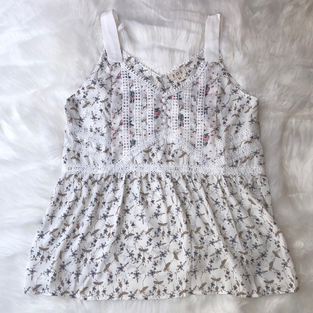 POL White Floral Lace Trim Tank Top with Pink & Brown Accents
